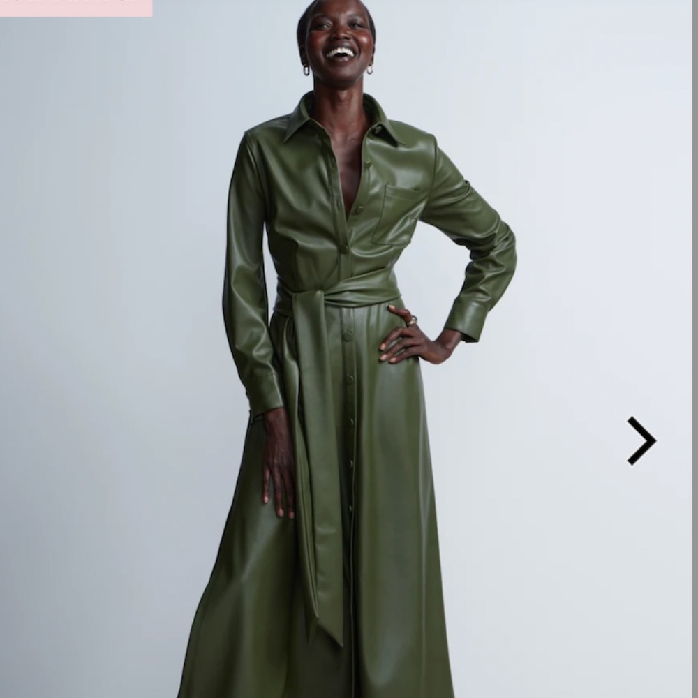 Faux Leather Maxi Shirt Dress - Green with Belt